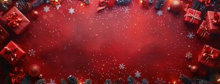 Red gift boxes with red ribbons, pine cones, and snowflakes on a red background.の素材