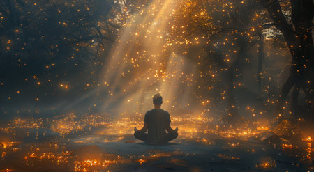 A person sits in a meditative pose in a glowing forest, surrounded by glowing trees and fireflies.の素材