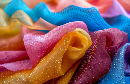 A variety of colored fabric rolls in orange, red, blue, green, purple, and pink are arranged in a row on a blue surface.の素材