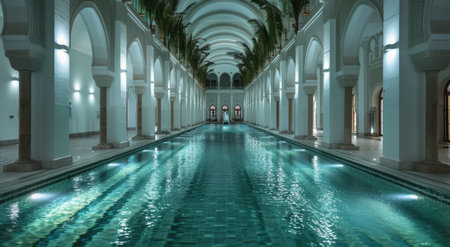 A long, rectangular pool with a decorative tiled bottom is centered in a courtyard lined by arches and columns. Palm trees and soft lighting add to the ambiance of this luxurious space.の素材