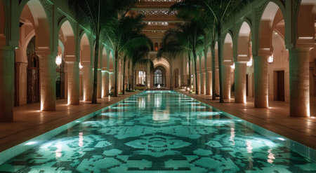 A long, rectangular pool with a decorative tiled bottom is centered in a courtyard lined by arches and columns. Palm trees and soft lighting add to the ambiance of this luxurious space.の素材