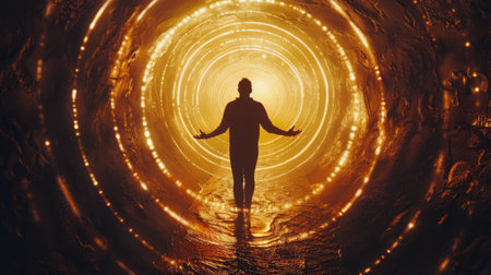 A single, silhouetted figure stands with arms outstretched in the center of a tunnel that glows with a bright light at its end.の素材