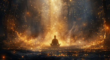 A person sits in a meditative pose in a glowing forest, surrounded by glowing trees and fireflies.の素材