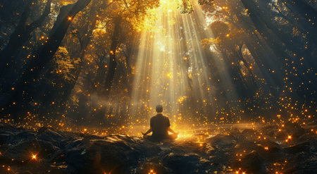 A person sits in a meditative pose in a glowing forest, surrounded by glowing trees and fireflies.の素材