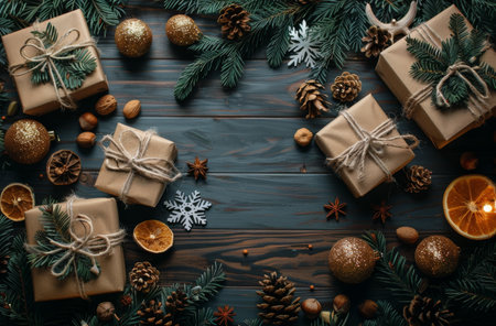 Wrapped gifts with twine, evergreen branches, dried oranges, pine cones, and snowflakes on a wooden background.の素材