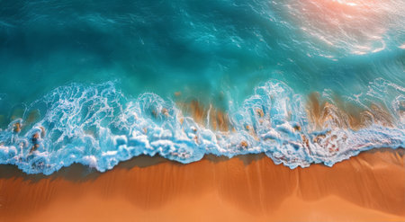 A wide shot of the ocean taken from above, showing turquoise water with white foamy waves crashing onto a sandy beach.の素材