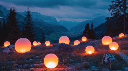 Luminous spheres illuminate a hillside path overlooking a mountain range at dusk.の素材