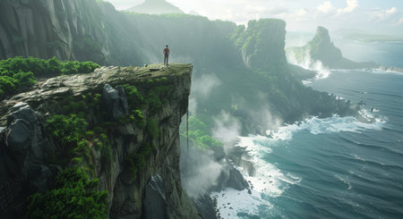 A person stands on the edge of a high cliff overlooking a rugged coastline, the ocean crashing against the rocks below.の素材