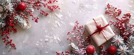 A wrapped gift sits on a snowy, white surface, surrounded by red berries and pine branches covered in frost.の素材