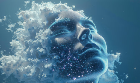 A profile of a woman's face is formed from swirling clouds and glowing particles against a blue background.の素材