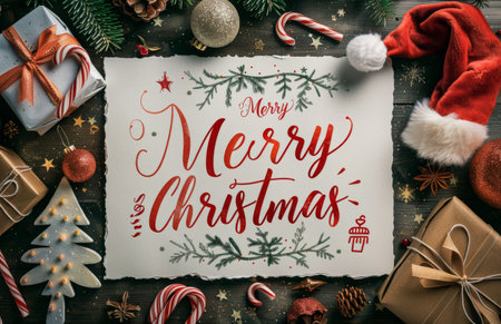 A Christmas card with the words Merry Christmas is surrounded by presents, candy canes, and other festive decorations on a wooden table.の素材