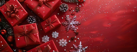Red gift boxes with red ribbons, pine cones, and snowflakes on a red background.の素材