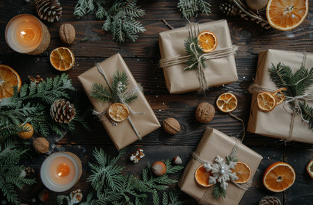 Wrapped gifts with twine, evergreen branches, dried oranges, pine cones, and snowflakes on a wooden background.の素材