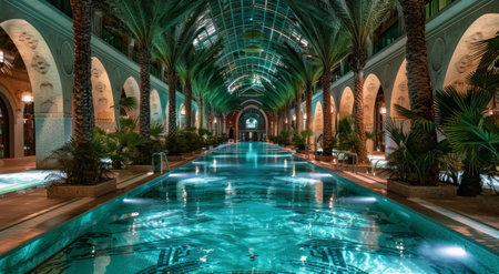 A large, indoor swimming pool with a high, arched ceiling and palm trees lining the sides.の素材