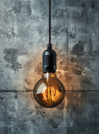 A single vintage light bulb hangs from a black wire against a gray, textured concrete wall. The light bulb is on, casting a warm glow.の素材