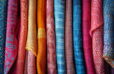 A close-up view of colorful fabric swatches with a herringbone pattern.の素材