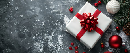 A white gift box with a red bow sits on a snowy surface. Red berries and evergreen branches are scattered around the box, with a blurred background of a wintery forest.の素材