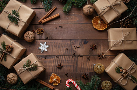 Wrapped gifts, ornaments, pine branches, and cinnamon sticks surround the edge of a rustic wooden surface, creating a festive holiday scene.の素材