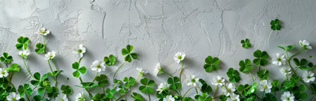 White clover flowers and green leaves are arranged along the bottom edge of a textured gray background.の素材