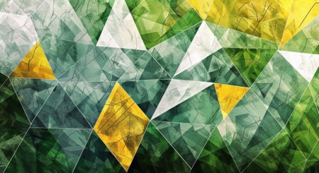 A close-up shot of a three-dimensional abstract pattern, featuring a textured surface of overlapping triangles in green, yellow, and white hues.の素材