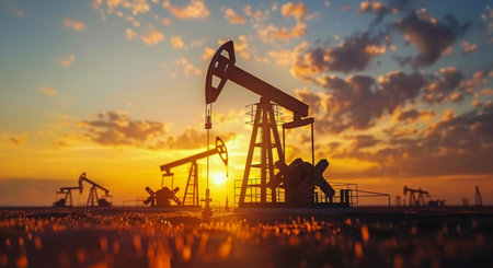 An oil derrick pumps oil in the foreground while a brilliant sunset fills the sky with fiery clouds.の素材