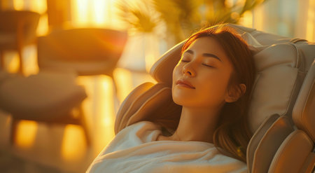 A woman relaxes in a massage chair with her eyes closed. The chair is in a modern home setting with sunlight streaming through a nearby window.の素材