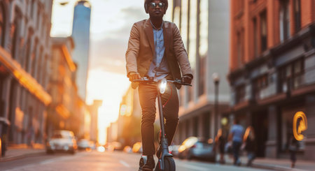 A man in a suit rides an electric scooter down a city street, with the golden hour sun setting in the background.の素材