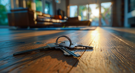 A house key charm sits on a wooden floor with two keys in front of it. The background is a modern living room with furniture and large windows.の素材