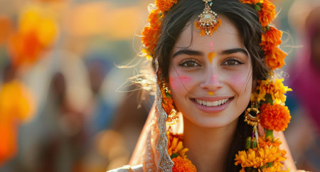 A woman smiles brightly as she wears a traditional garland of marigold flowers, with a colorful sari and jewelry, during a festival in India.の素材