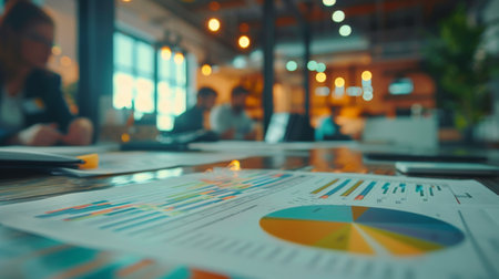 A close-up of a table with financial data graphs, with people in the background working at their desks.の素材