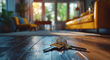 A house key charm sits on a wooden floor with two keys in front of it. The background is a modern living room with furniture and large windows.の素材