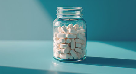 A glass jar filled with white pills sits on a teal surface with sunlight casting shadows. A few pills have spilled out of the jar.の素材
