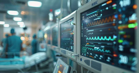 Medical equipment with digital screens displaying vital signs, a patient lying on a bed in the background, and a hospital room.の素材