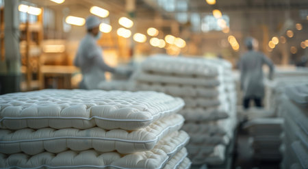 A worker in a factory setting is arranging a stack of white mattresses with detailed stitching and ruffled trim.の素材