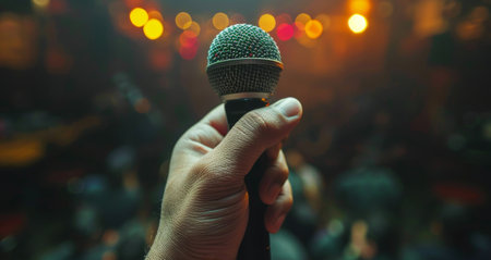 A hand holds a microphone in front of a blurred audience.の素材