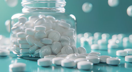 White pills scattered on a light blue surface next to a glass bottle with a white lid.の素材