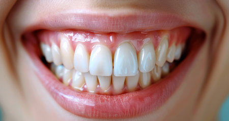 A close-up view of a person's smile, showing white teeth and glossy pink lipstick.の素材