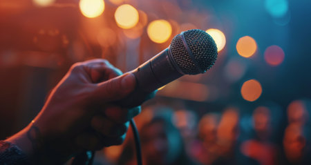 A hand holds a microphone in front of a blurred audience.の素材
