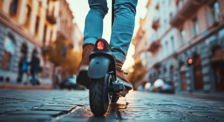 A man in a suit rides an electric scooter down a city street, with the golden hour sun setting in the background.の素材