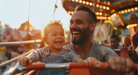 A father and daughter share a joyful moment at an amusement park, both laughing brightly as the sun sets behind them.の素材