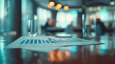 A pen lies on top of a page of bar graphs, in a room with blurred out chairs and people in the background.の素材