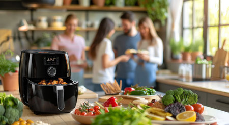 Friends gather in a modern kitchen, with an air fryer filled with crispy chicken legs taking center stage.の素材