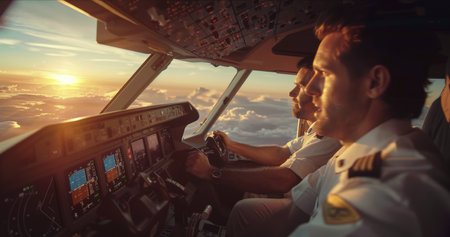 Two pilots in the cockpit of a commercial aircraft, flying above the clouds at sunset.の素材
