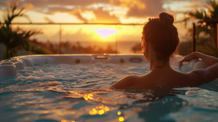 A woman relaxes in a hot tub with a sunset view.の素材