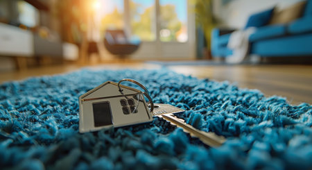 A close-up shot of a set of keys lying on a blue carpet in a modern living room.の素材