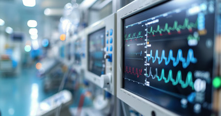 A close-up of a medical monitor displaying vital signs in a hospital room. The screen shows multiple heart rate and other readings.の素材