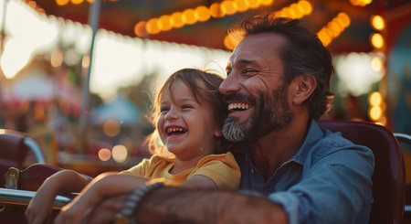 A young girl laughs as she rides an amusement park ride with her father.の素材