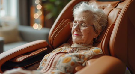 A senior woman with gray hair is relaxing in a comfortable chair with a blanket wrapped around her.の素材