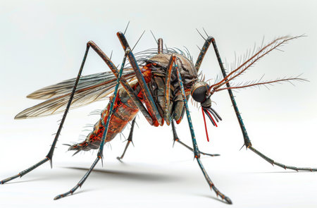 A close-up view of a mosquito with a blood-filled abdomen, the wings folded back, and the legs extended.の素材