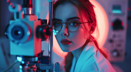 A young woman wearing glasses looks up at a bright light as tears stream down her face.の素材
